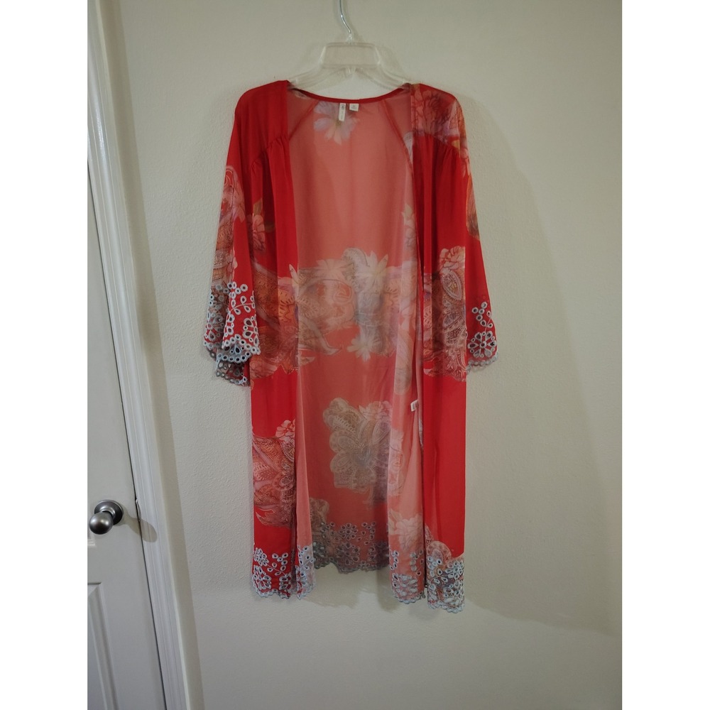 Cato Red Floral Paisley Sheer Kimono Longline Eyelet Lace Trim Wrap Cardigan M
